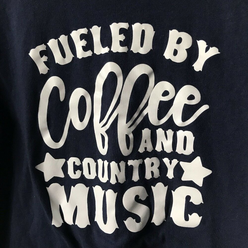 Fueled by Coffee and Country Music navy novelty t-shirt graphic tee women size L